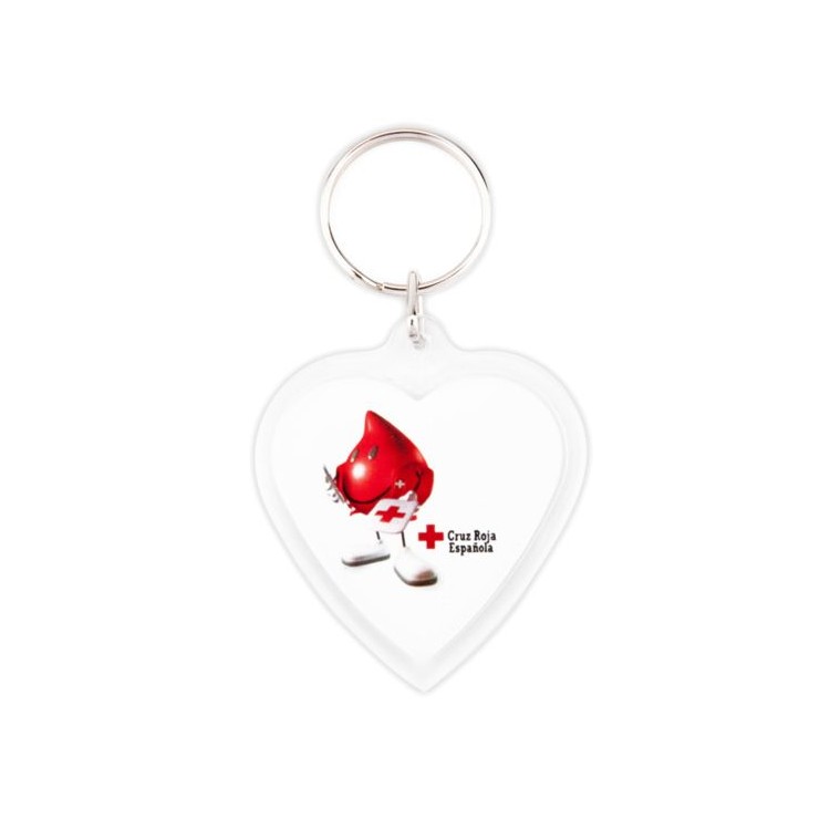 Porte-clé publicitaire plastique cœur double faces transparent et rouge