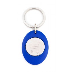 Porte clé publicitaire en plastique bleu ovale avec un jeton de caddie