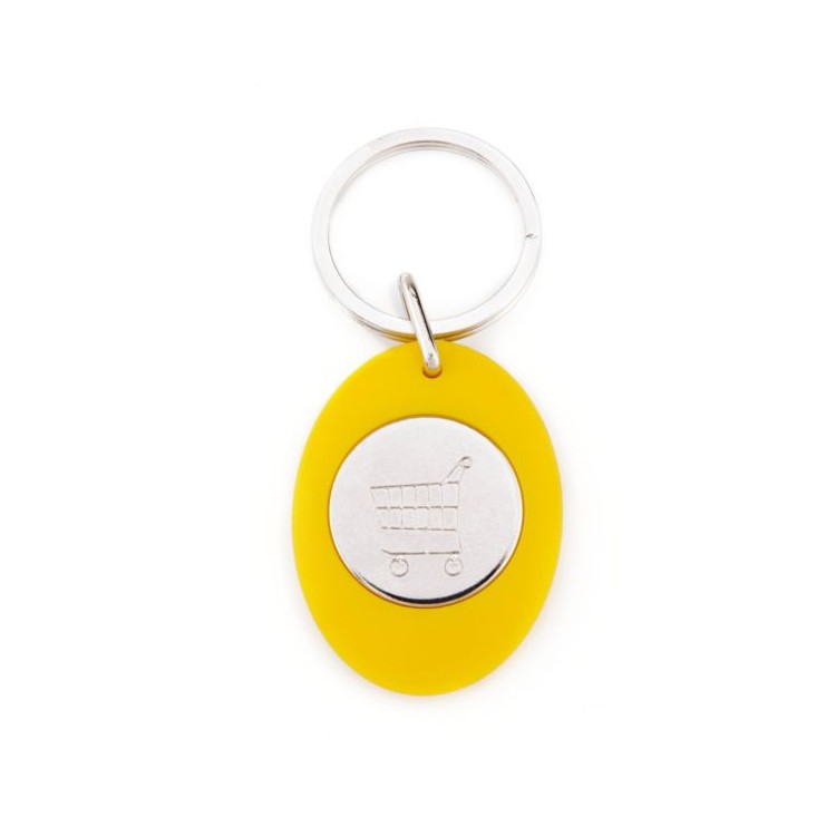 Porte clé publicitaire en plastique jaune ovale avec un jeton de caddie