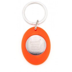 Porte clé publicitaire en plastique orange ovale avec un jeton de caddie