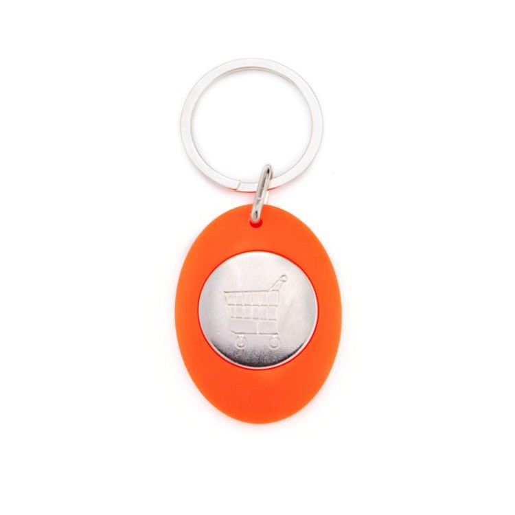 Porte clé publicitaire en plastique orange ovale avec un jeton de caddie