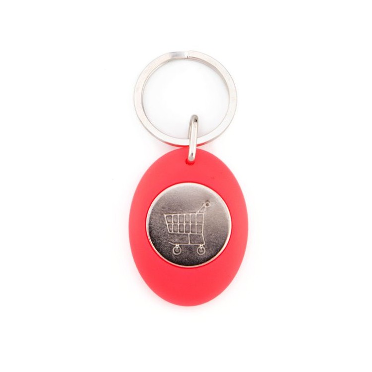 Porte clé publicitaire en plastique couleur rose ovale avec un jeton de caddie