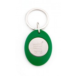 Porte clé publicitaire en plastique de couleur verte ovale avec un jeton de caddie