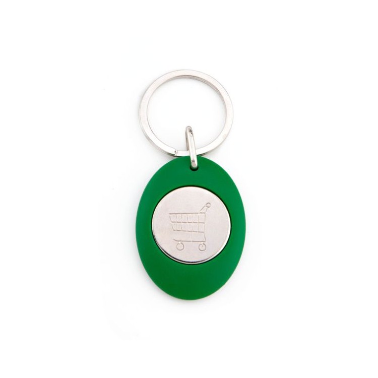 Porte clé publicitaire en plastique de couleur verte ovale avec un jeton de caddie