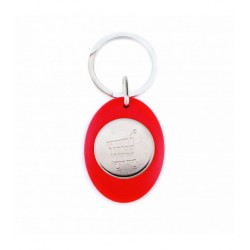 Porte clé publicitaire en plastique rouge ovale avec un jeton de caddie