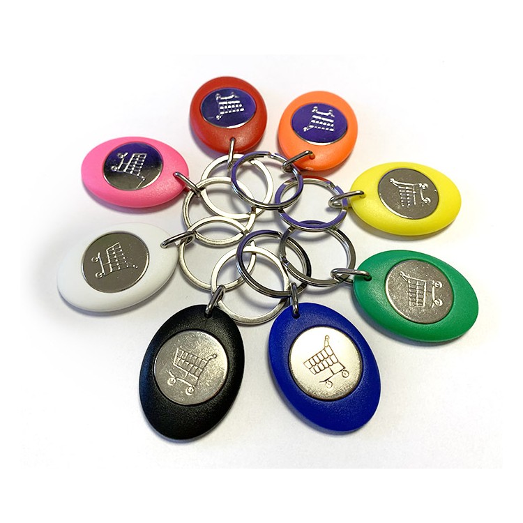 Porte clés publicitaire en plastique de toutes les couleurs ovale avec un jeton de caddie en cercle