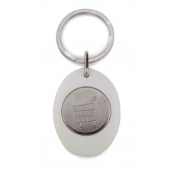 Porte clé publicitaire en plastique gris ovale avec un jeton de caddie