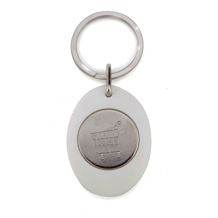 Porte clé publicitaire en plastique gris ovale avec un jeton de caddie