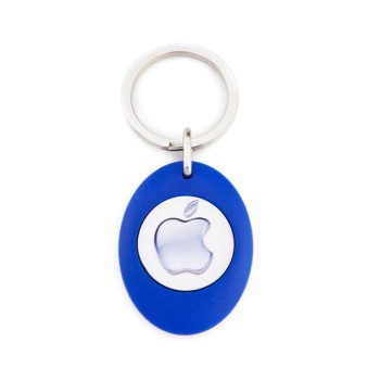 Porte clé publicitaire plastique bleu logo apple ovale double face