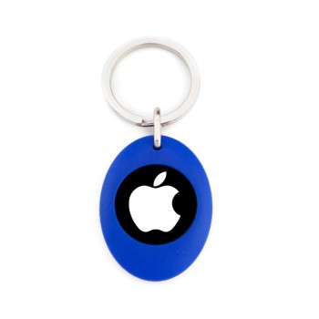Porte clé publicitaire plastique bleu logo apple ovale double face, verso
